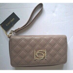 BEBE Alba Wristlet Taupe  Zip Around Clutch Wallet Quilt Stitch Gold/Rhinestone